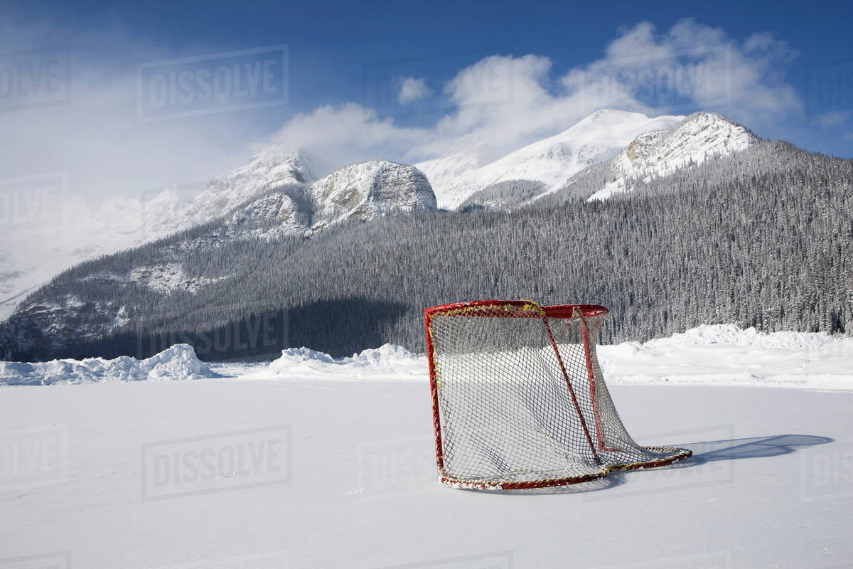 Hockey Net On Outdoor Ice Rink; Lake Louise, Alberta, Canada Stock